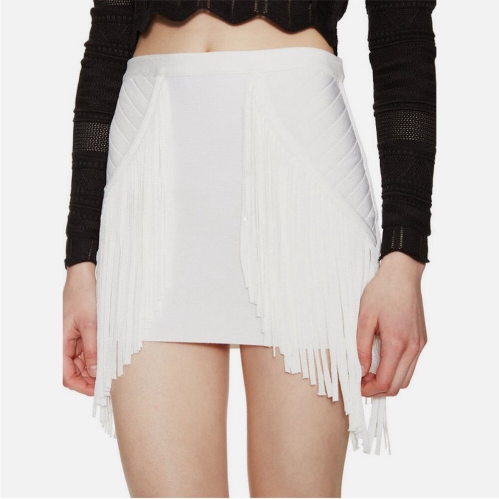 Torn by Ronny Kobo White Fringe Mini Skirt